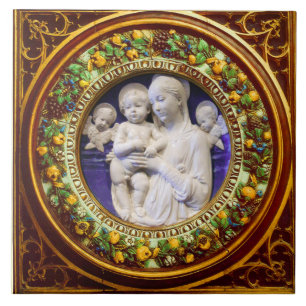 MADONNA WITH CHILD,ANGELS RENAISSANCE FLORAL CROWN CERAMIC TILE