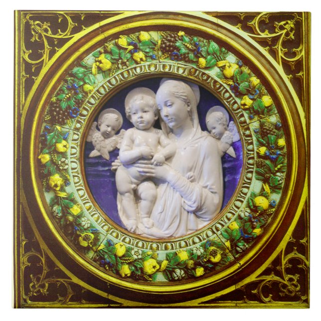 MADONNA WITH CHILD,ANGELS RENAISSANCE FLORAL CROWN TILE (Front)