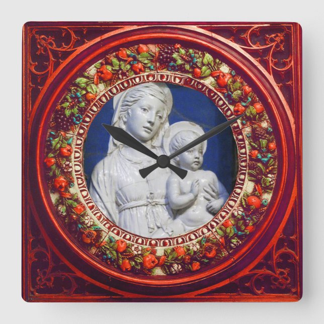 MADONNA WITH CHILD RED FLORAL RENAISSANCE CROWN SQUARE WALL CLOCK (Front)
