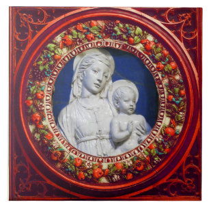 MADONNA WITH CHILD,RED RENAISSANCE FLORAL CROWN TILE
