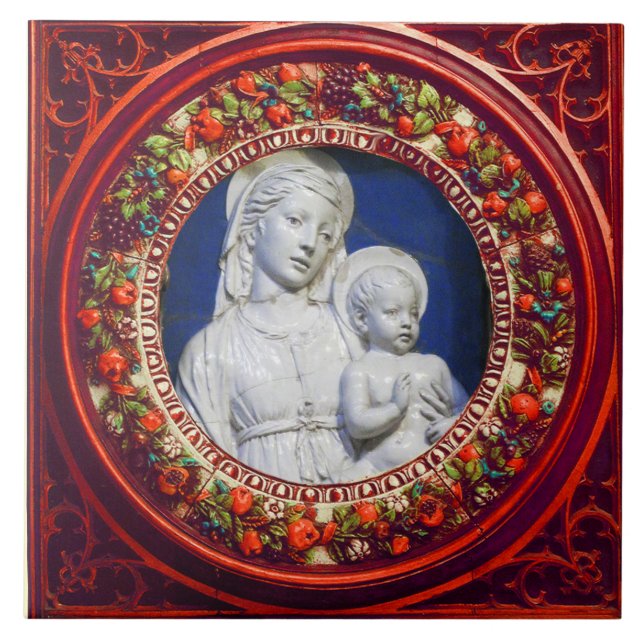 MADONNA WITH CHILD,RED RENAISSANCE FLORAL CROWN TILE (Front)
