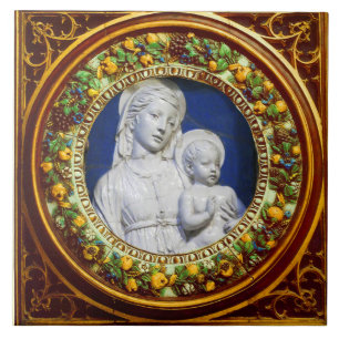 MADONNA WITH CHILD,RENAISSANCE FLORAL CROWN CERAMIC TILE