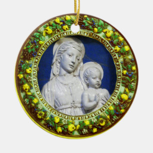 MADONNA WITH CHILD Round Blue Sapphire Ceramic Orn Ornament