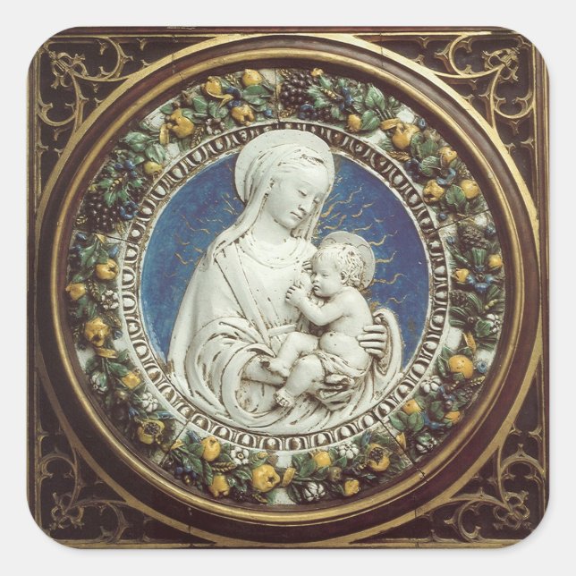 MADONNA WITH CHILD, Round Floral Christmas Crown Square Sticker (Front)