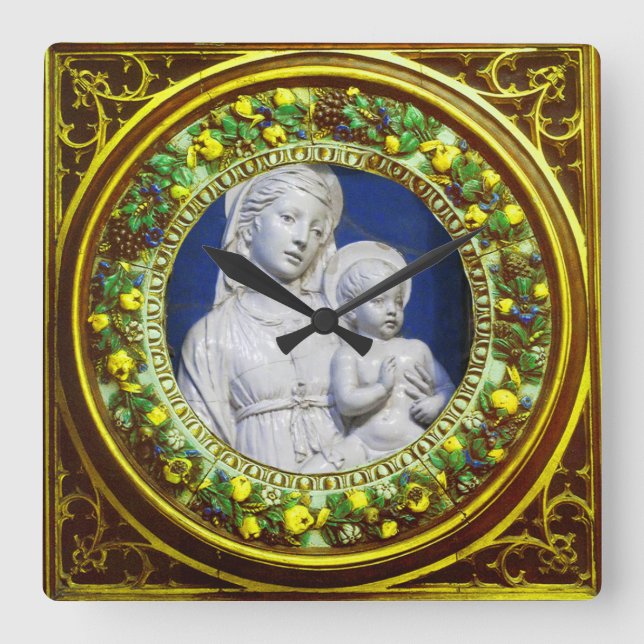 MADONNA WITH CHILD YELLOW FLORAL RENAISSANCE CROWN SQUARE WALL CLOCK (Front)