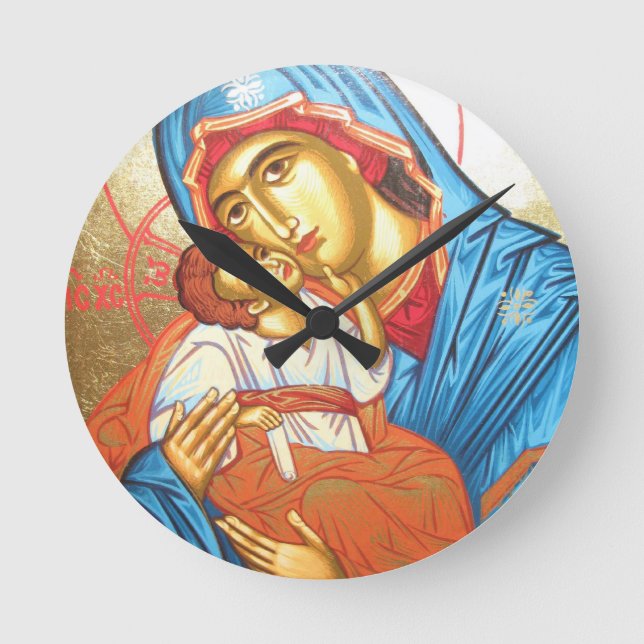 Madonna with Jesus Byzantine Religious Icon gold Round Clock (Front)