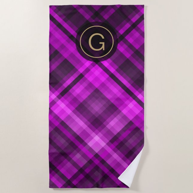 Madras Hot Pink Diagonal, Personalised Monogram Beach Towel (Front)