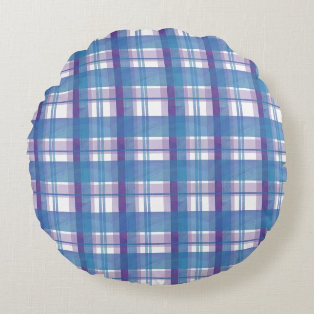 Madras Plaid Blue and Purple Round Cushion (Front)