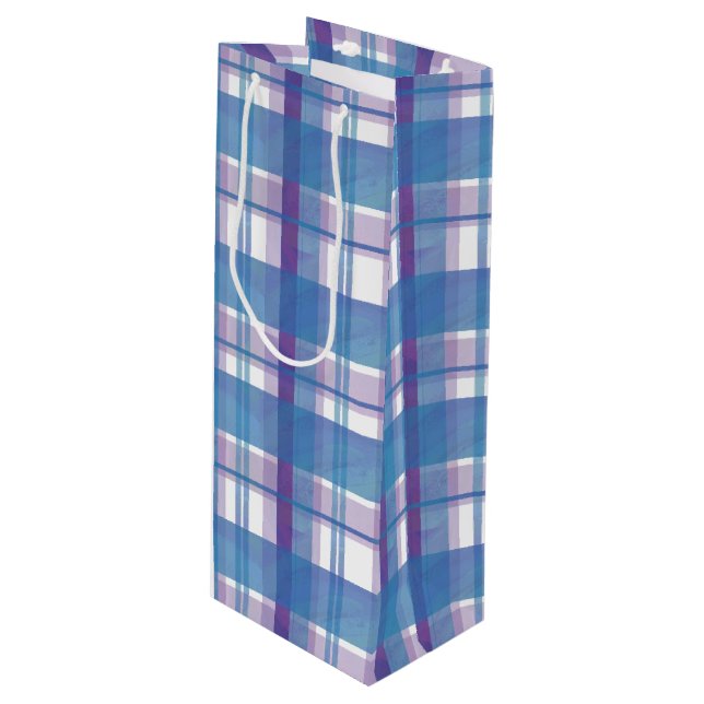 Madras Plaid Blue and Purple Wine Gift Bag (Front Angled)