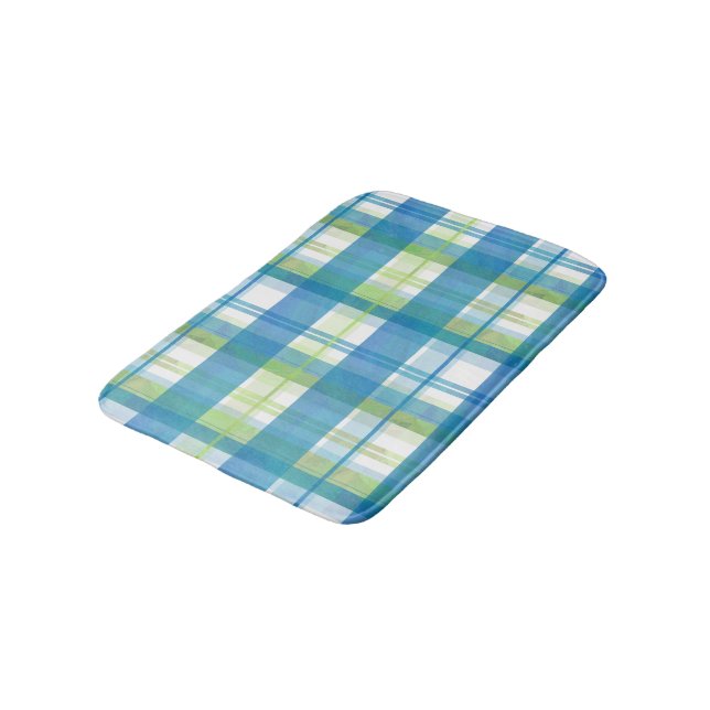 Madras Plaid Green and Blue Bath Mat (Angled)