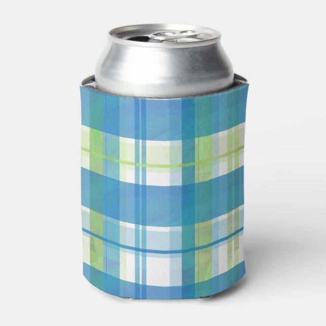 Madras Plaid Green and Blue Can Cooler (Can Front)