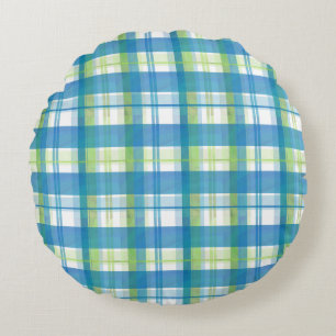 Madras Plaid Green and Blue Round Cushion