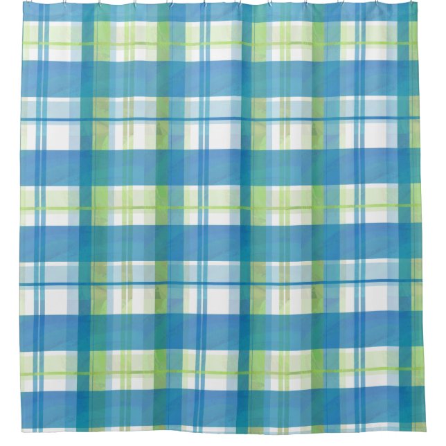 Madras Plaid Green and Blue Shower Curtain (Front)