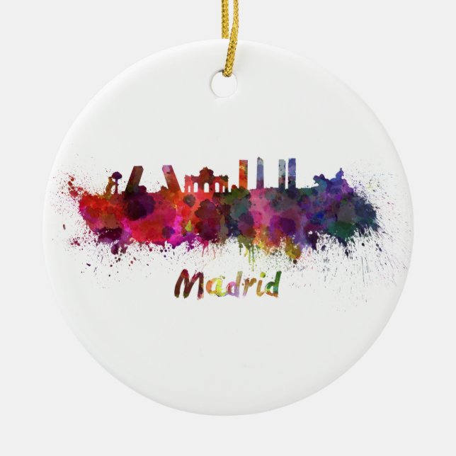 Madrid skyline in watercolor ceramic ornament (Front)