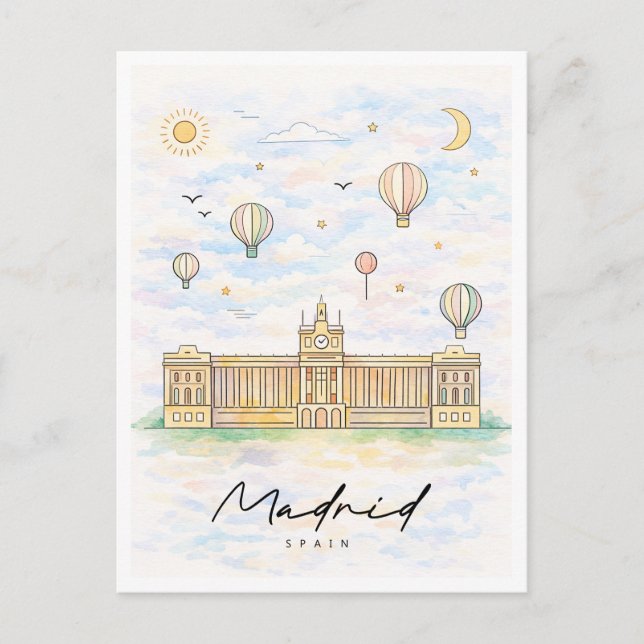 Madrid Skyline Watercolor | Spain Travel Holiday Postcard (Front)