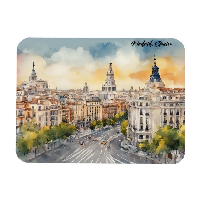 Madrid Spain City Silhouette Watercolor Painting Magnet (Horizontal)