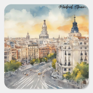 Madrid Spain City Silhouette Watercolor Painting Square Sticker