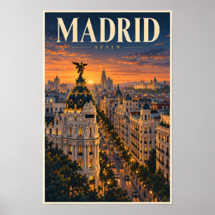 Madrid Spain Sunset Illustration Travel Art Retro Poster