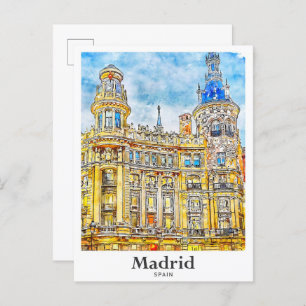 Madrid Spain Travel Watercolor Hand Drawn Postcard