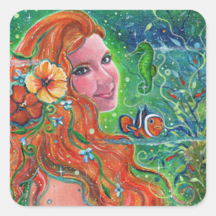 Maev Mermaid clownfish art by Renee Lavoie   Square Sticker