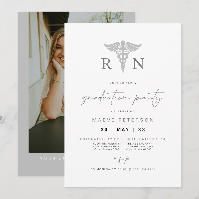 MAEVE Silver Grey Medical RN Nurse Graduation Invitation (Front/Back)