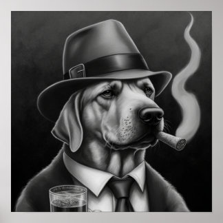 Mafia Dog in Grayscale with a Top Hat and Cigar Poster