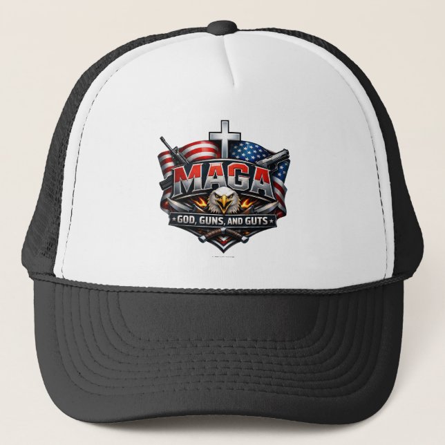 MAGA: God, Guns, and Guts.  Trucker Hat (Front)