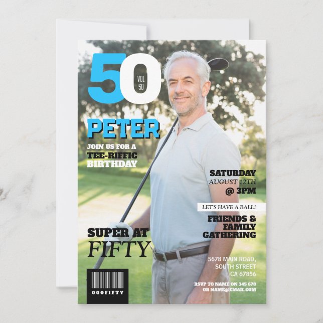 Magazine 50 Mens Golf Fifty Golfer Birthday  Invitation (Front)