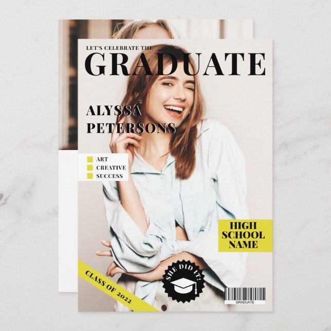 Magazine cover 2 photos black trendy graduation announcement (Front/Back)