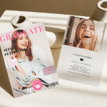 Magazine cover 2 photos pink trendy graduation announcement<br><div class="desc">a fun magazine cover style graduation announcement ,  with 2 photos,  and bold type in pink and grey,  here s the scoop,  let's celebrate the graduate.</div>
