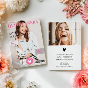 Magazine cover 2 photos pink trendy Quinceanera Invitation