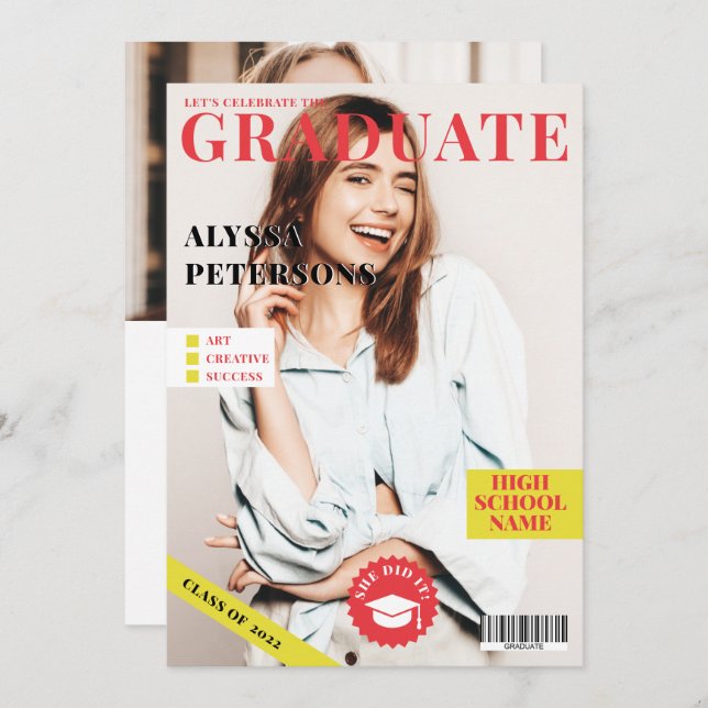 Magazine cover 2 photos red trendy graduation announcement (Front/Back)
