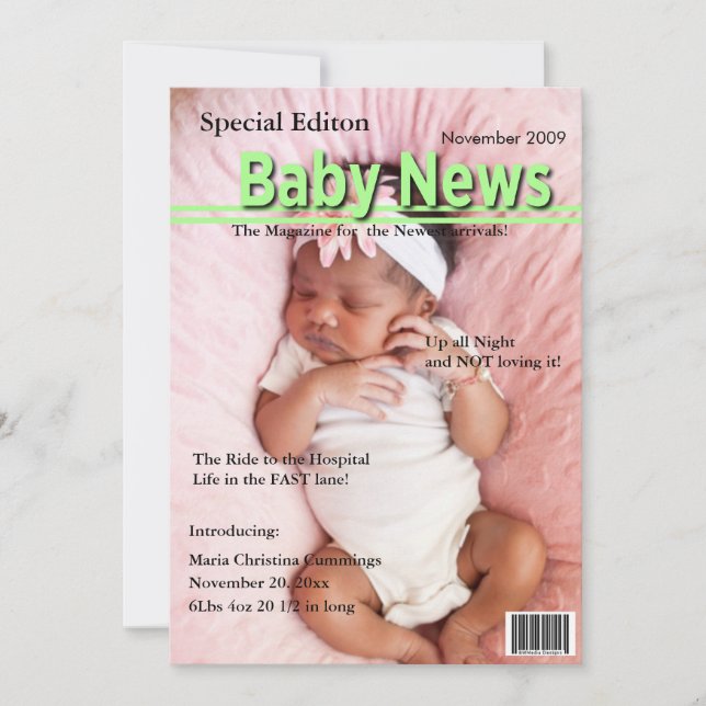 Magazine Cover Birth Announcement (Green) (Front)
