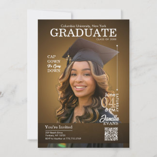 Magazine Cover Graduation Cap Gown Gold Invitation