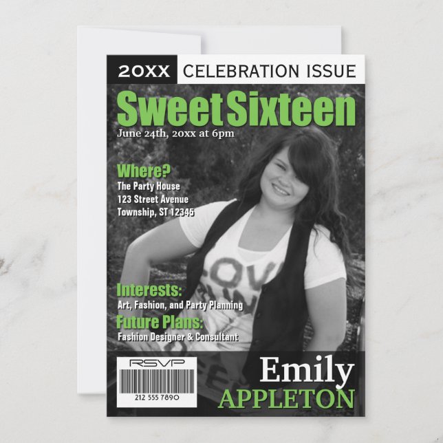 Magazine Cover Green Sweet Sixteen Invitations (Front)