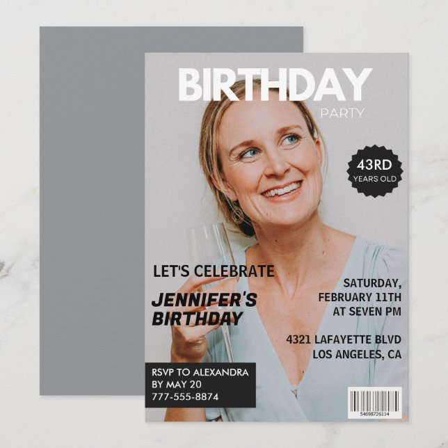 Magazine Cover Stylish for her Photo 43rd birthday Invitation (Front/Back)