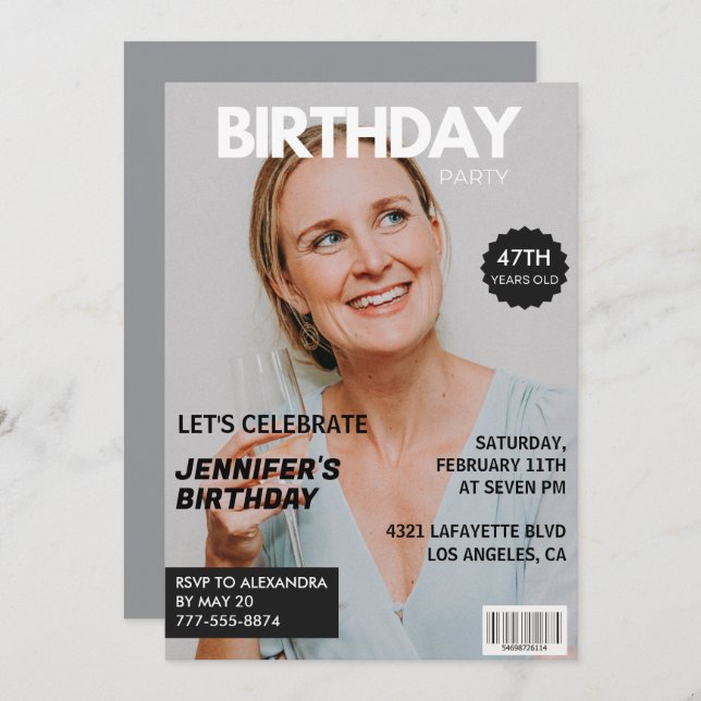 Magazine Cover Stylish for her Photo 47th birthday Invitation (Front/Back)