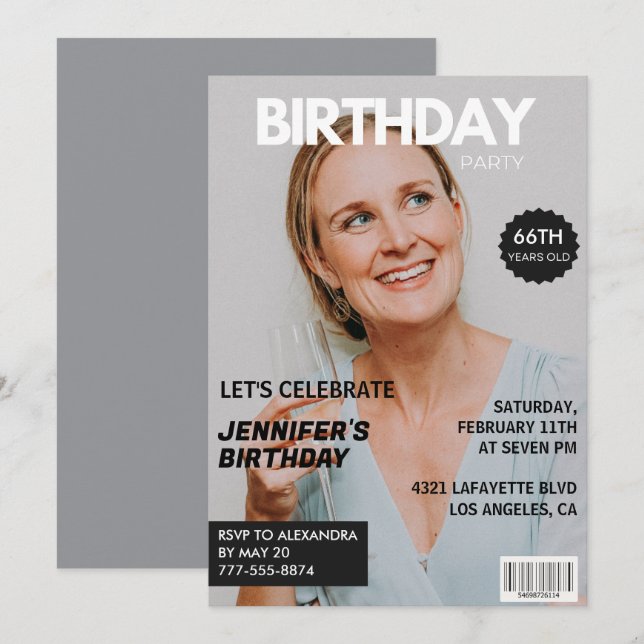 Magazine Cover Stylish for her Photo 66th birthday Invitation (Front/Back)