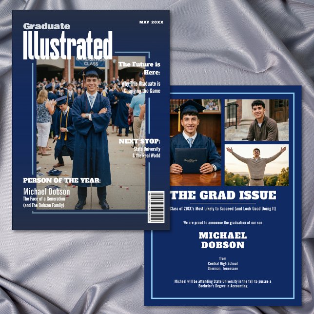 Magazine Four Photo Blue Graduation Announcement (Magazine Cover Four Photo Graduation Announcement)