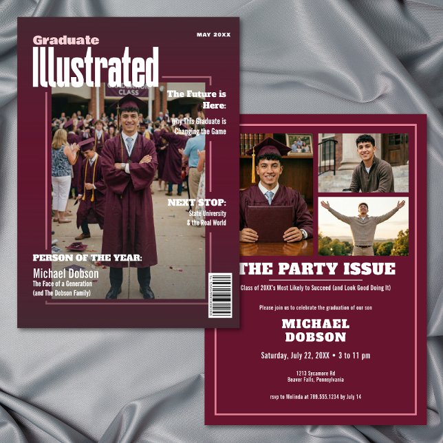 Magazine Four Photo Maroon Graduation Party Invitation (Magazine Four Photo Maroon Graduation Party Invitation)