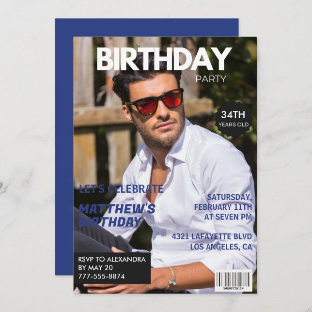 Magazine Navy blue Photo Funny 34th birthday Invitation (Front/Back)