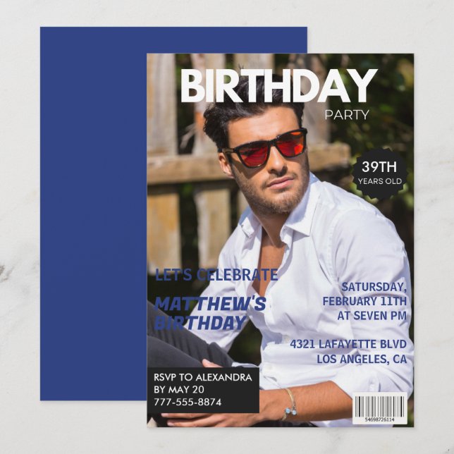 Magazine Navy blue Photo Funny 39th birthday Invitation (Front/Back)