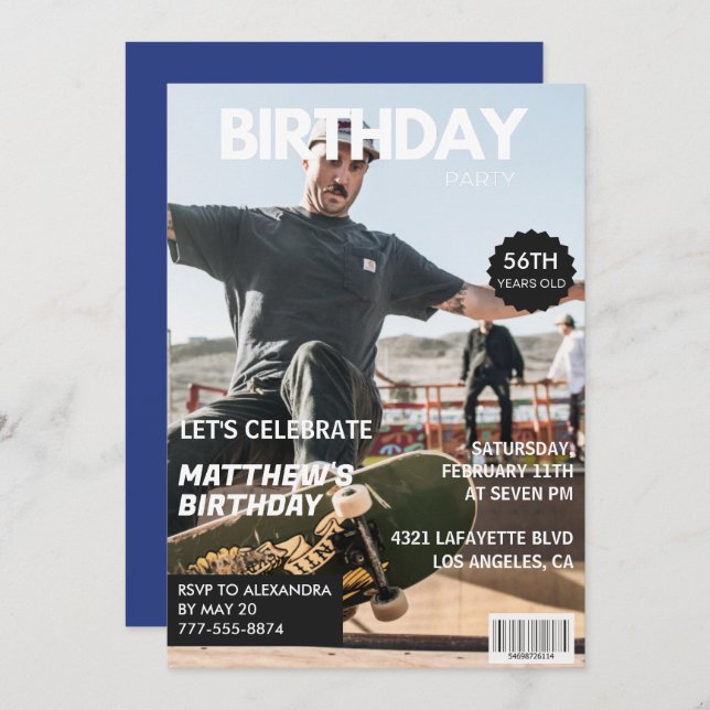 Magazine Navy blue Photo Funny 56th birthday Invitation (Front/Back)