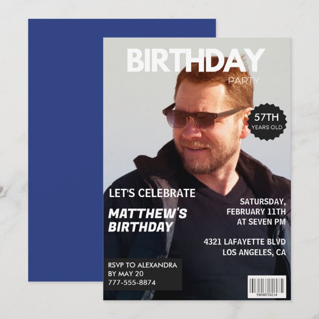 Magazine Navy blue Photo Funny 57th birthday Invitation (Front/Back)