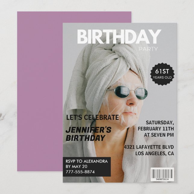  Magazine Stylish Photo 61st birthday invitations  (Front/Back)