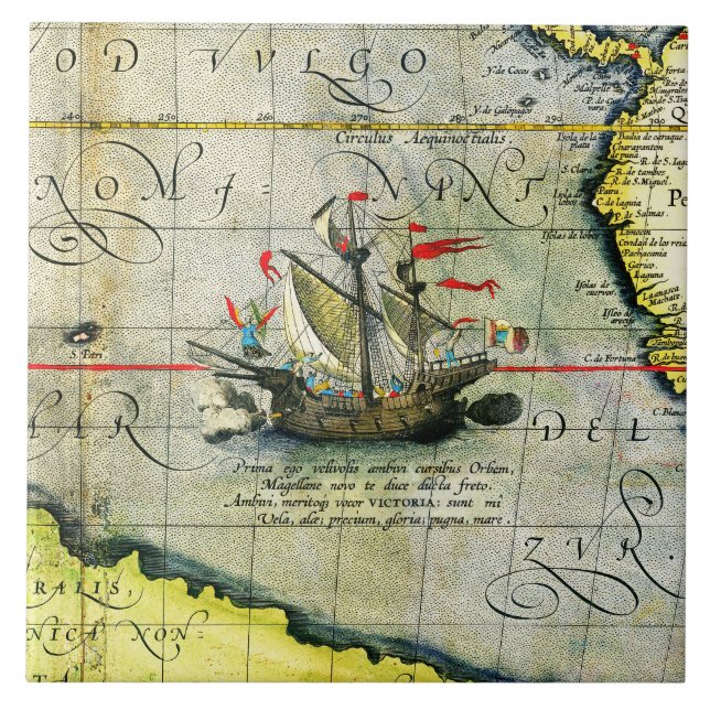 Magellans ship Victoria, Antique Map Pacific Ocean Ceramic Tile (Front)