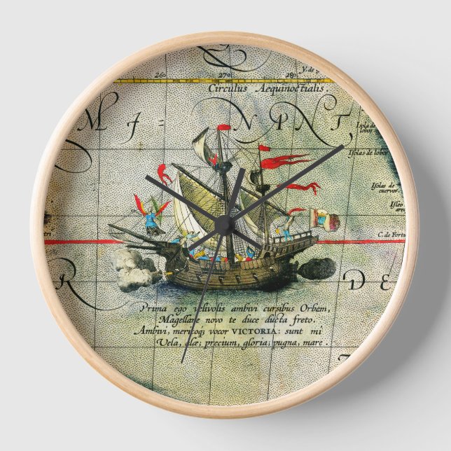 Magellans ship Victoria, Antique Map Pacific Ocean Clock (Front)