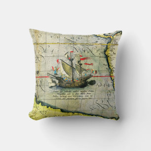 Magellans ship Victoria, Antique Map Pacific Ocean Cushion
