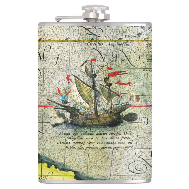 Magellans ship Victoria, Antique Map Pacific Ocean Hip Flask (Front)