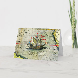 Magellans ship Victoria, Antique Map Pacific Ocean Holiday Card